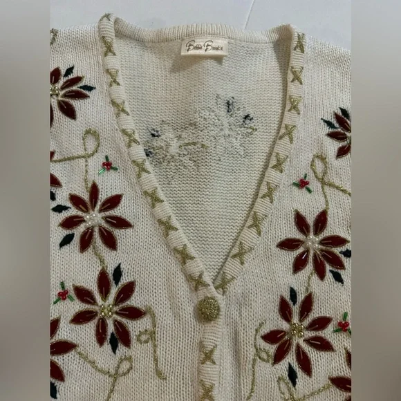 Vintage Ugly Christmas Sweater Vest Beaded Grandma Poinsettia Embroidered - Picture 5 of 15